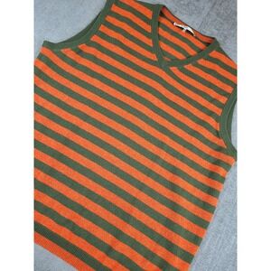 Mr Turk Sweater Vest Mens XL Green Orange Cashmere Striped Lightweight Pullover